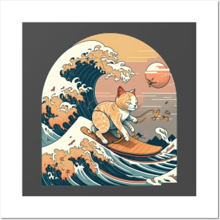 Cat Riding Wave Posters and Art